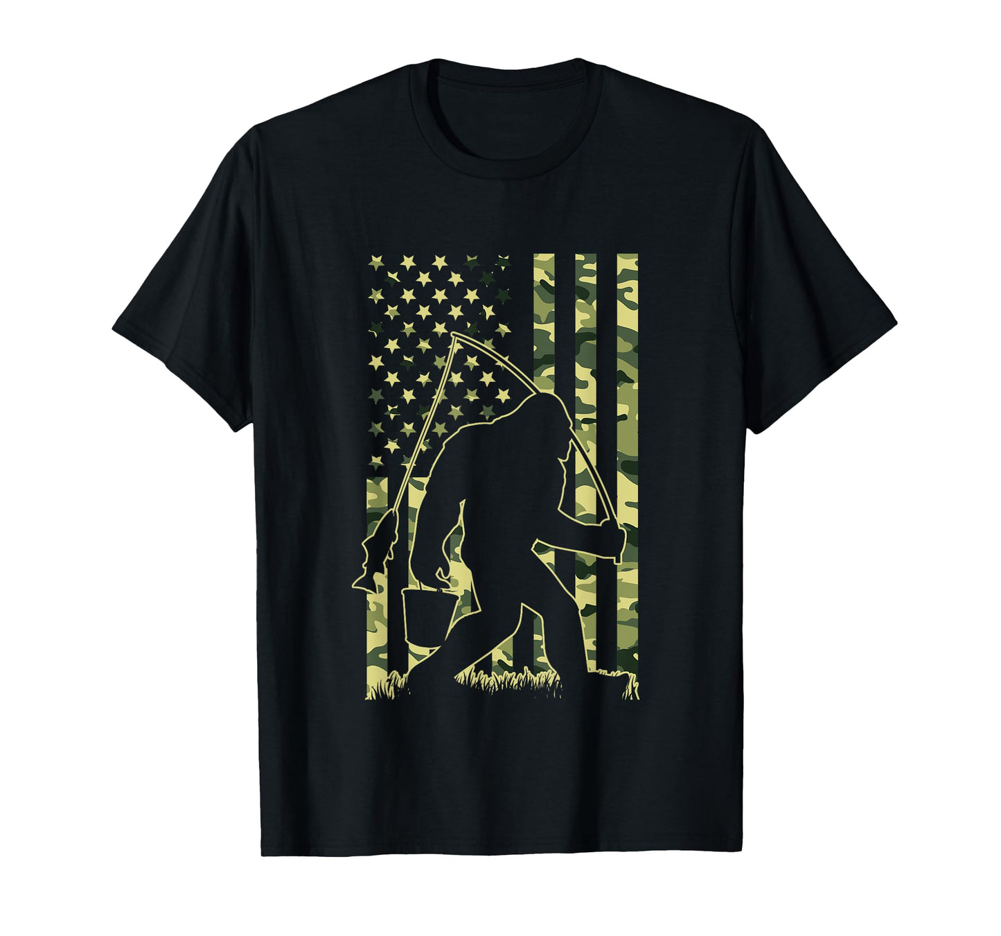Bigfoot Fishing with Camo American Flag Funny Fisherman T-Shirt