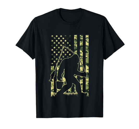 Bigfoot Fishing with Camo American Flag Funny Fisherman T-Shirt