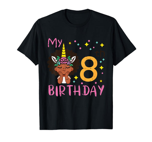 8th Birthday Afro Black Girl Unicorn 8 Year Old Bday Girls T-Shirt