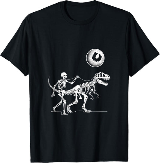 Skeleton Riding Dinosaur T Rex Halloween Moon Chase Scene T-Shirt