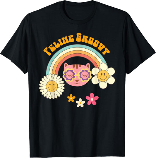 Retro Cat 70's Style: Feline Groovy Rainbow Cat Mom Shirt T-Shirt