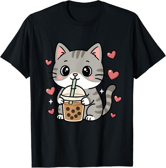 Cute Grey Cat Boba Tea Bubble Tea Anime Kawaii Neko Women T-Shirt