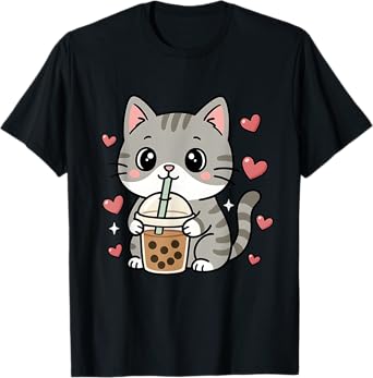 Cute Grey Cat Boba Tea Bubble Tea Anime Kawaii Neko Women T-Shirt