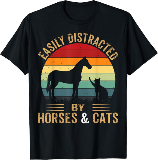 Easily Distracted By Horse And Cats Shirt Horse Riding Girls T-Shirt