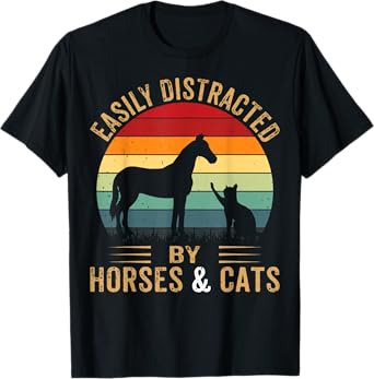 Easily Distracted By Horse And Cats Shirt Horse Riding Girls T-Shirt