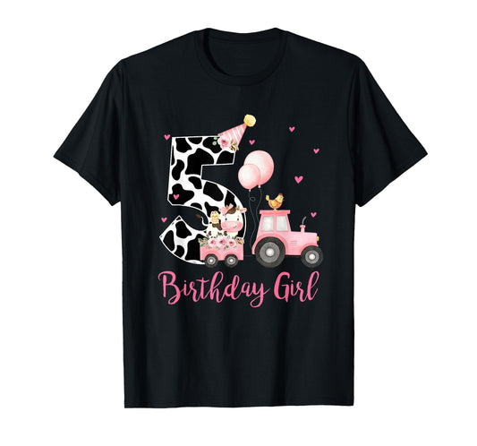 5th Birthday Outfit Girl 5 Year Old Farm Cow Chick Tractor T-Shirt