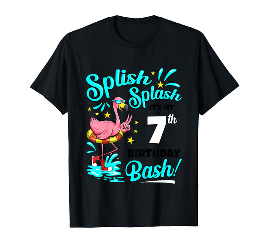 7th Birthday Flamingo 7 Years Old Pool Party Summer Girls Kids T-Shirt