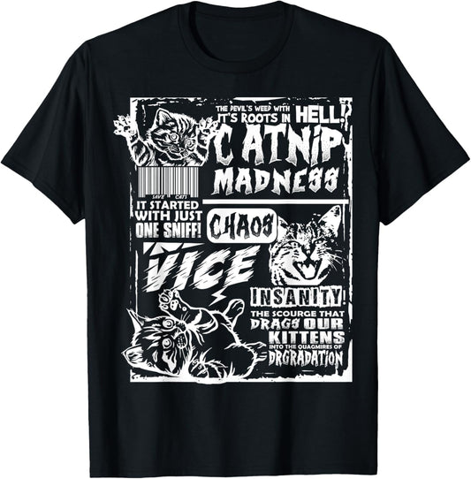 Catnip Madness Funny Cat Gifts For Cat Lover Cat Dad Cat Mom T-Shirt, Small, Black