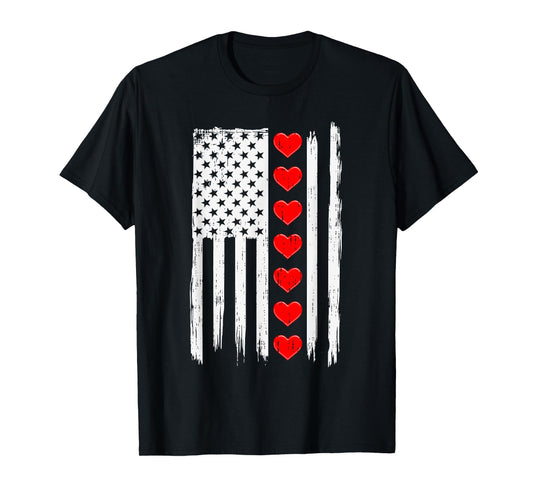 Valentines Day USA American Flag Hearts For Mens Boys Kids T-Shirt