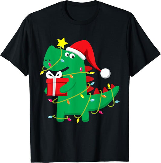 Dinosaur Christmas Tree Rex Xmas Lights Funny Boys Christmas T-Shirt