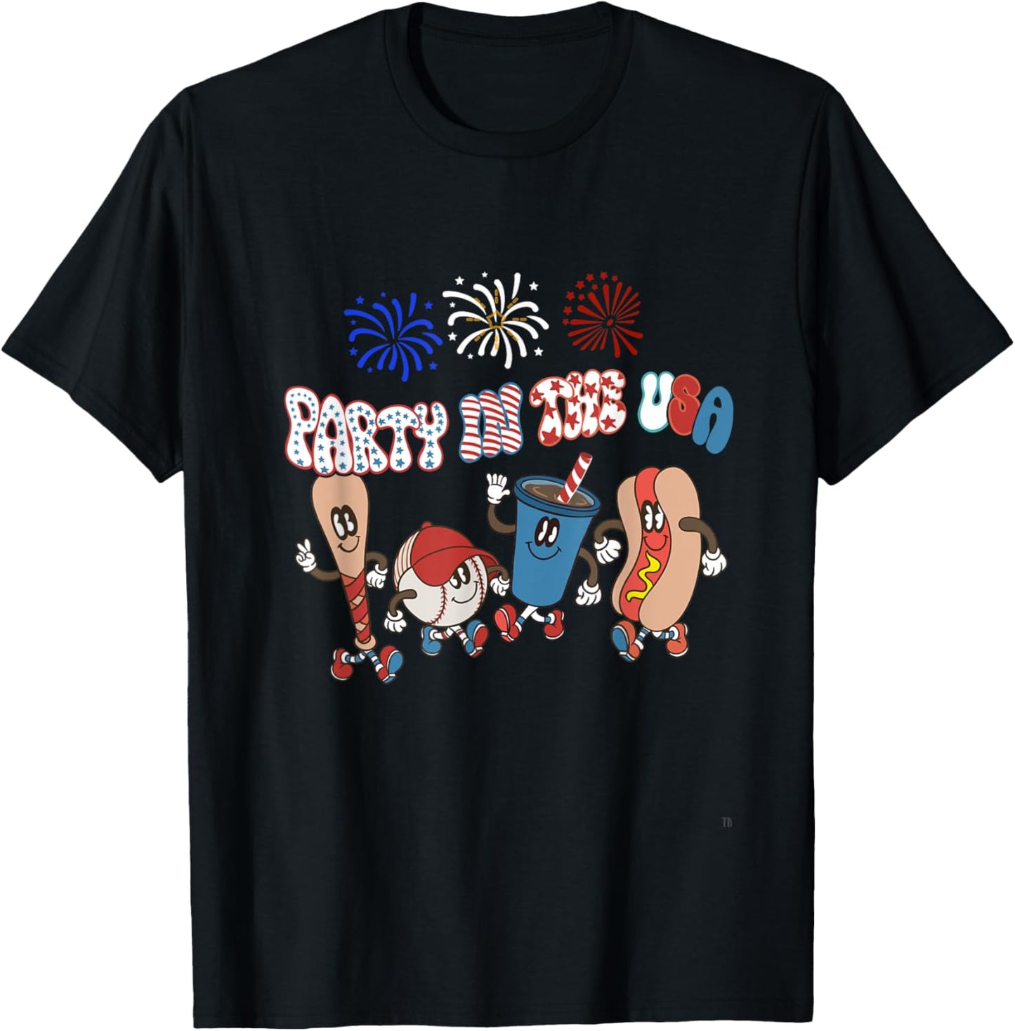 Retro style Party In The USA 4th of July Baseball Hot Dogs T-Shirt