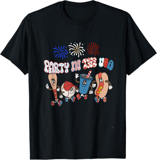 Retro style Party In The USA 4th of July Baseball Hot Dogs T-Shirt
