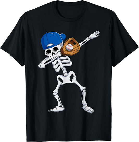Dabbing Skeleton Baseball Player Halloween For Boys Kids T-Shirt