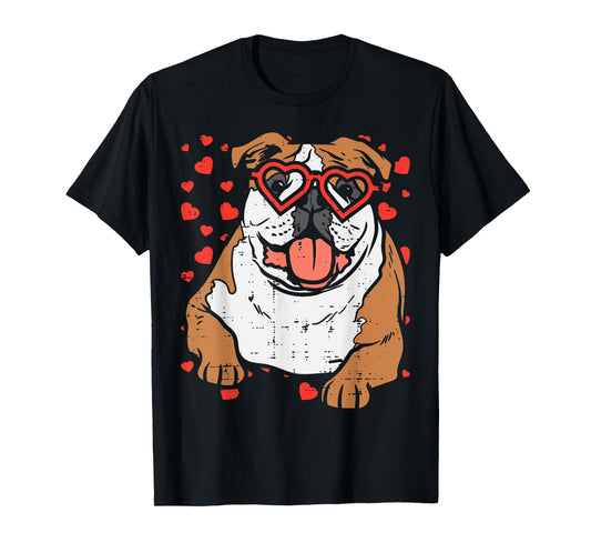Heart Glasses English Bulldog Cute Valentines Day Dog Gift Men Women Kids T-Shirt