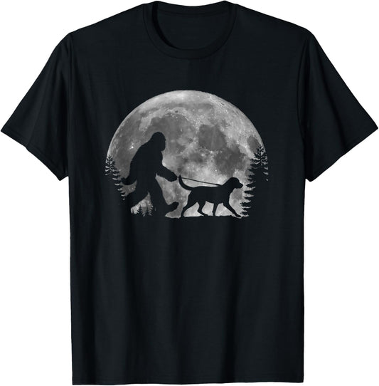 Bigfoot Walking a Dog Labrador Retriever Dad Moon Halloween T-Shirt