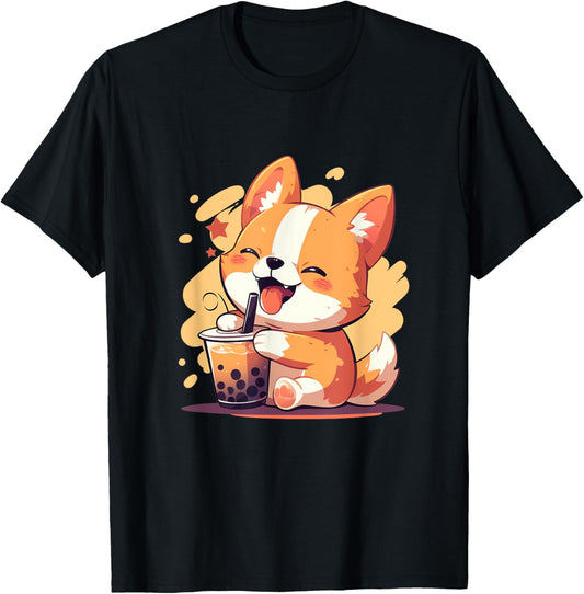 Cute Kawaii Corgi Drinking Boba Tea T-Shirt