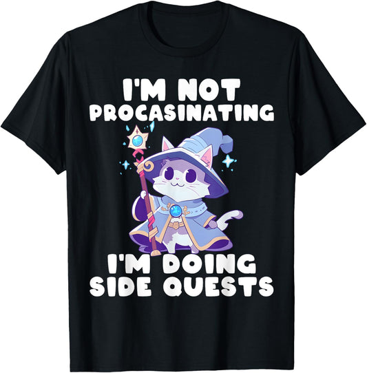 I'm Not Procrastinating I'm Doing Side Quests Funny Rpg Cat T-Shirt