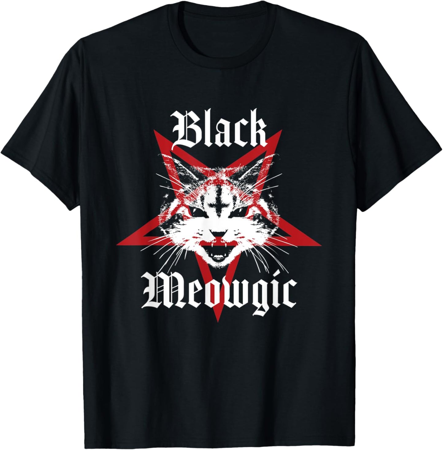 Black Meowgic Satanic Pentagram Inverted Cross Cat Lover T-Shirt
