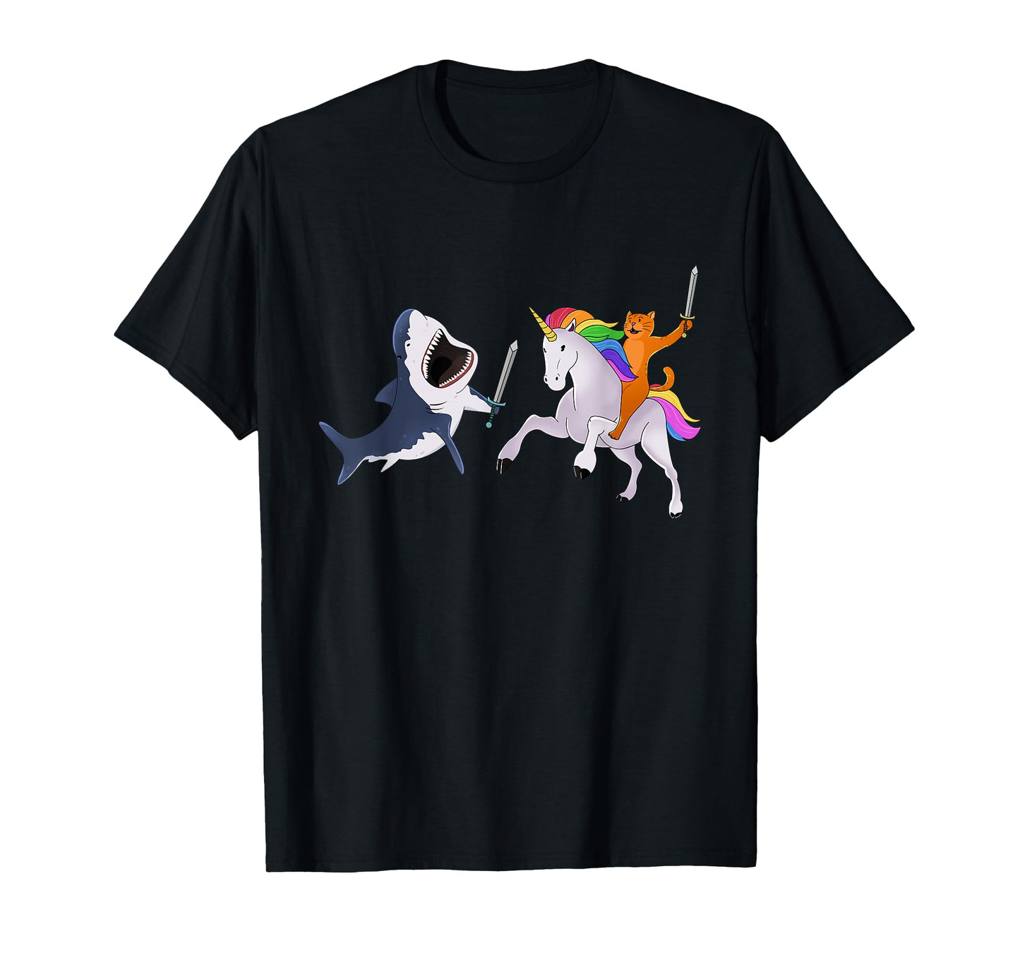 Funny Cat Riding Magical Unicorn Sword Fighting Shark T-Shirt