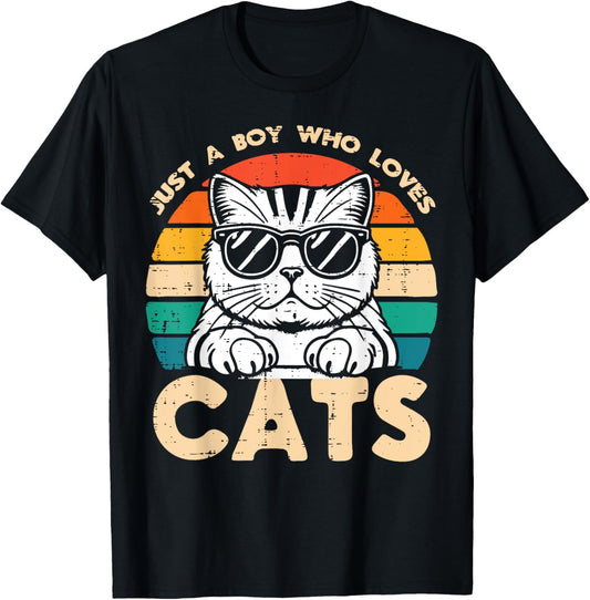 Just A Boy Who Loves Cats Retro Kitten Boys Kids Toddler Men T-Shirt