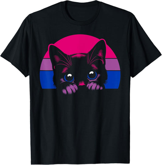 Bisexual Peeking Cat Bi Pride LGBTQ+ Flag Sunset T-Shirt