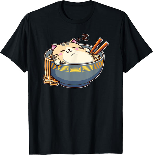Cute Anime Cat Ramen Lounging in Ramen Bowl Anime Lovers T-Shirt