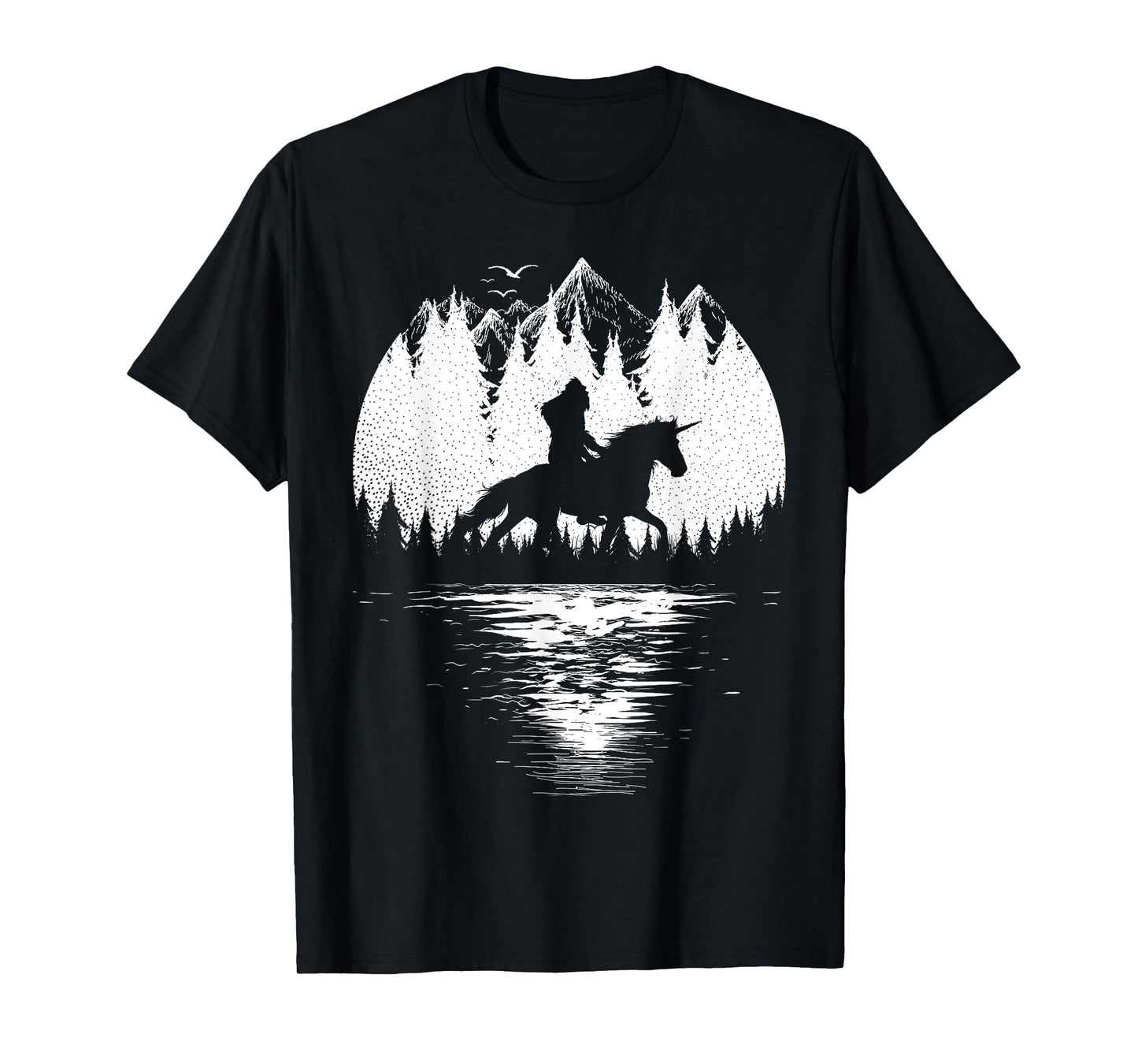 Bigfoot Riding Unicorn amidst Trees! Funny Sasquatch Unicorn T-Shirt