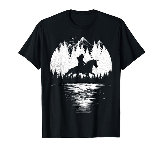 Bigfoot Riding Unicorn amidst Trees! Funny Sasquatch Unicorn T-Shirt