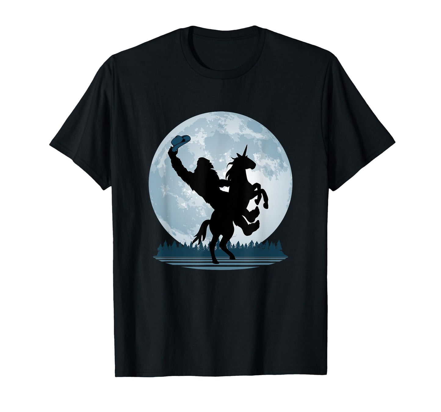 Cowboy Bigfoot on a Unicorn - Sasquatch Full Moon Forest T-Shirt