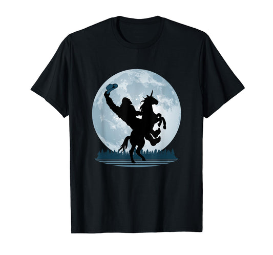 Cowboy Bigfoot on a Unicorn - Sasquatch Full Moon Forest T-Shirt