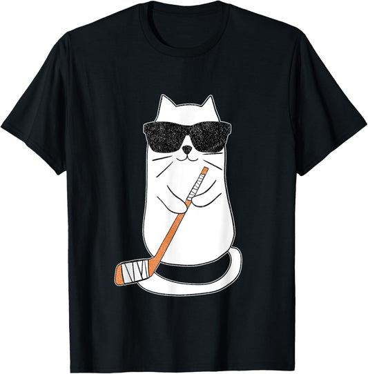 Ice Hockey Cat Hockey Player Stick Retro T-Shirt