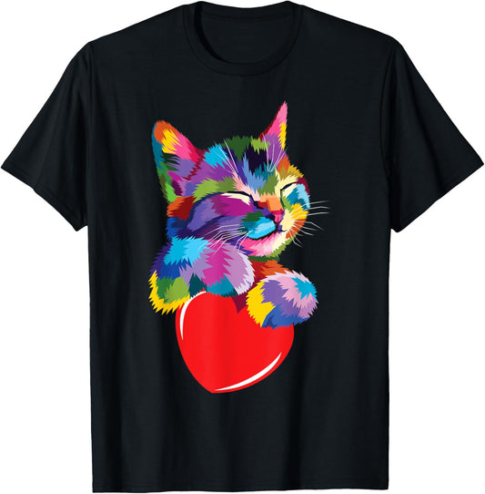 Rainbow Cute Cat Hugging Valentine Heart Kitty Love Cat Unisex Adult Multicolor Cotton 65% Polyester 35% Short Sleeve T-Shirt