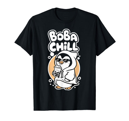 Boba Chill Kawaii Penguin Bubble Mike Tea Drink Cool Penguin T-Shirt
