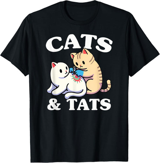 Cats And Tats Funny Feline Tattoo Lover Design T-Shirt, Small, Black
