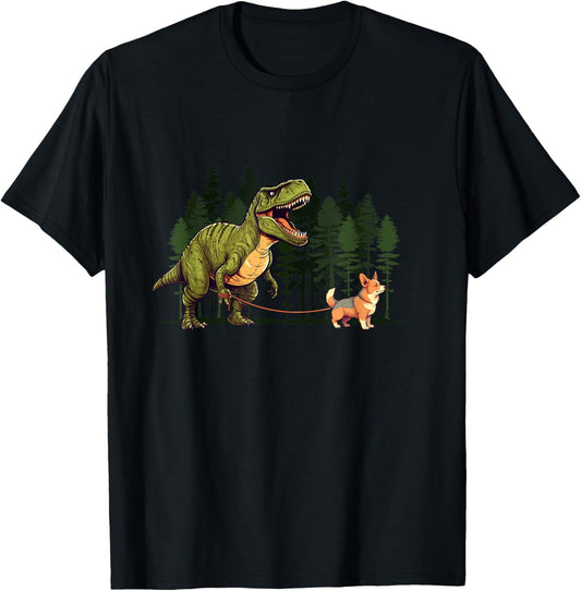 Red Headed Tricolor Corgi Dinosaur T-Rex Walking Funny Dog Men Women Girls Kids T-Shirt