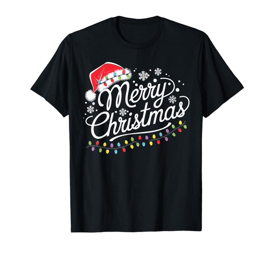 Merry Christmas Lights Red Santa Hat Xmas Family Men Women T-Shirt
