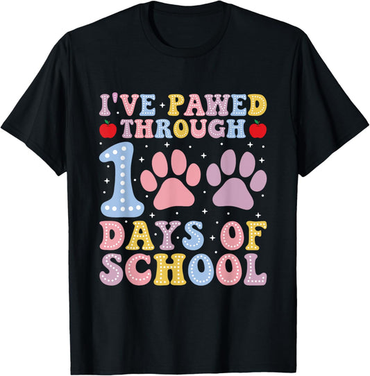 Funny 100 Days Of School Dogs Cats Paw Print Teacher Kids T-Shirt