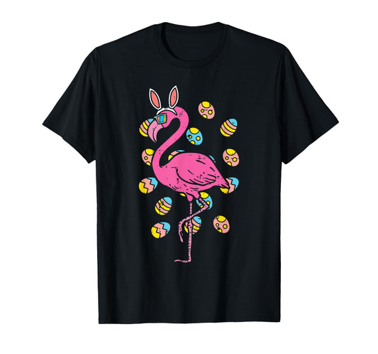 Flamingo Bunny Ears Glasses Eggs Easter Bird Animal Women T-Shirt
