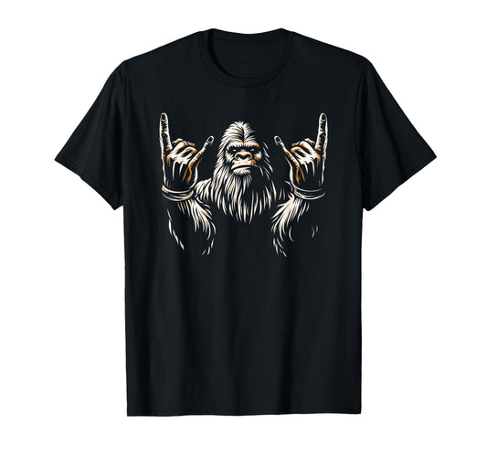 Bigfoot Rock On Sasquatch Rock and Roll Funny Rocker Graphic T-Shirt