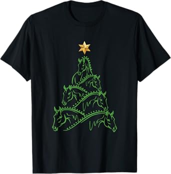 Xmas Horse Gifts For Girls & Women Horse Lovers T-Shirt - Black, Small - Christmas Tree Pattern - Unisex Adult T-Shirt - Short Sleeve - Crew Neck - Modern Style - Winter Season