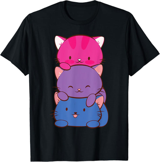 Bisexual Pride Kawaii Kitty Cat Stack Anime T-Shirt