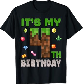 Birthday Boy It's My 4th Birthday 4 Year Old Pixel Gamer T-Shirt