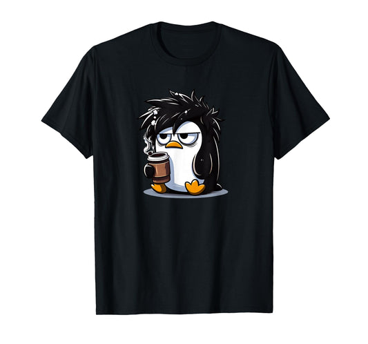 Funny Linux Tux Penguin Coffee Cartoon Grumpy Stressed T-Shirt