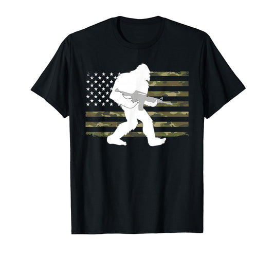 Bigfoot Gun Owner Camo US American Flag Sasquatch AR15 Rifle T-Shirt