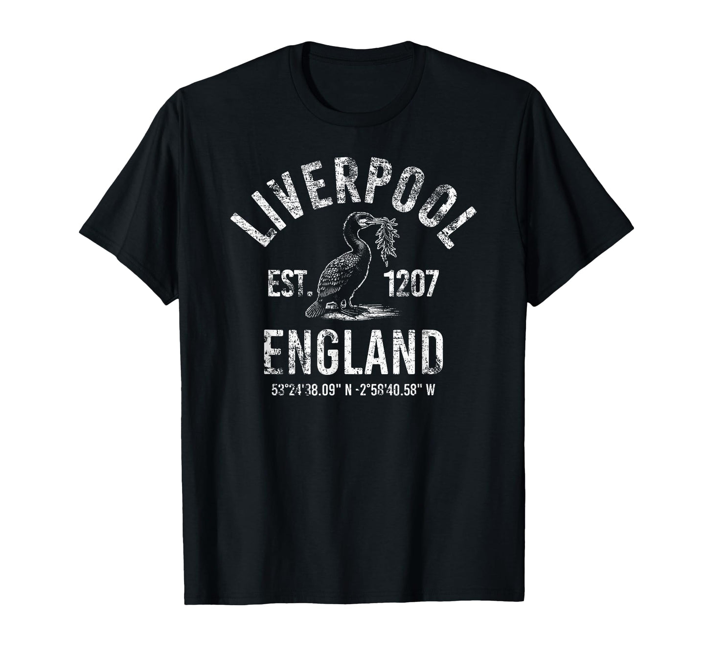 Liverpool England 1207 with Coordinates White Distressed T-Shirt