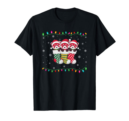 Xmas Tree Lights Funny Red Panda in Christmas Socks T-Shirt