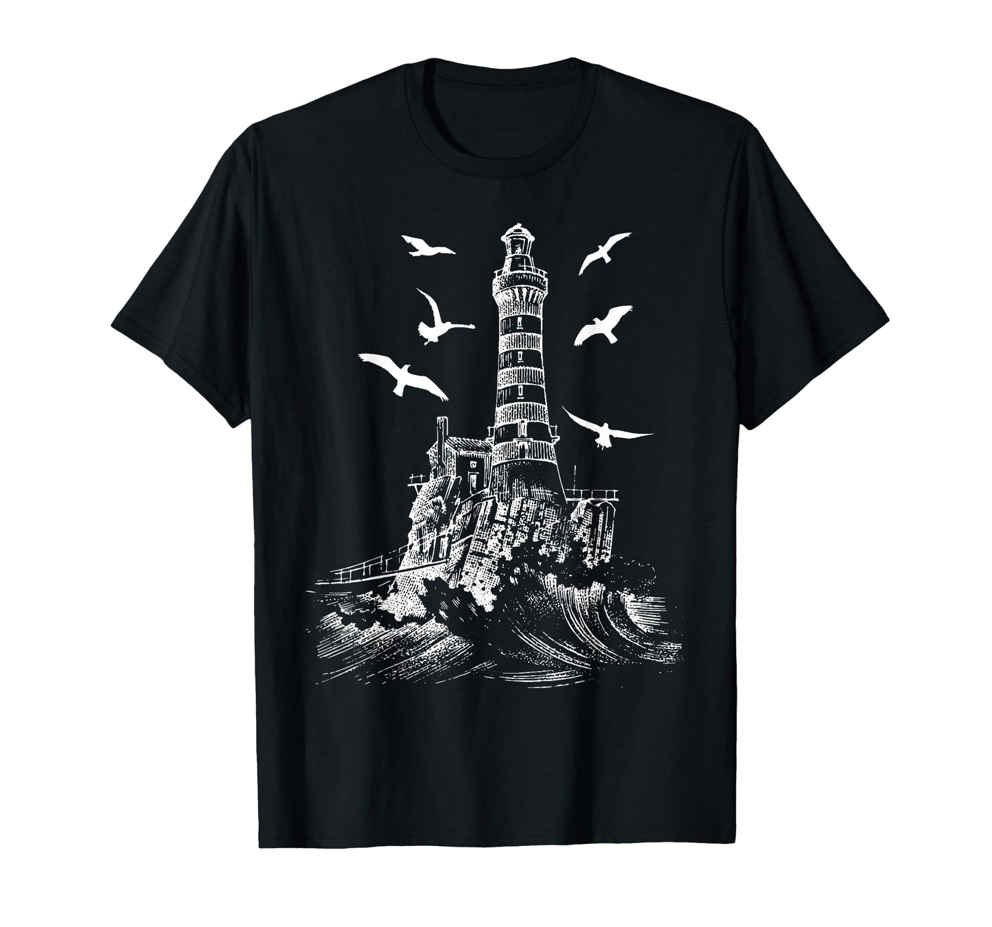 Seagull Silhouette Illustrated Lighthouse Image Gift T-Shirt