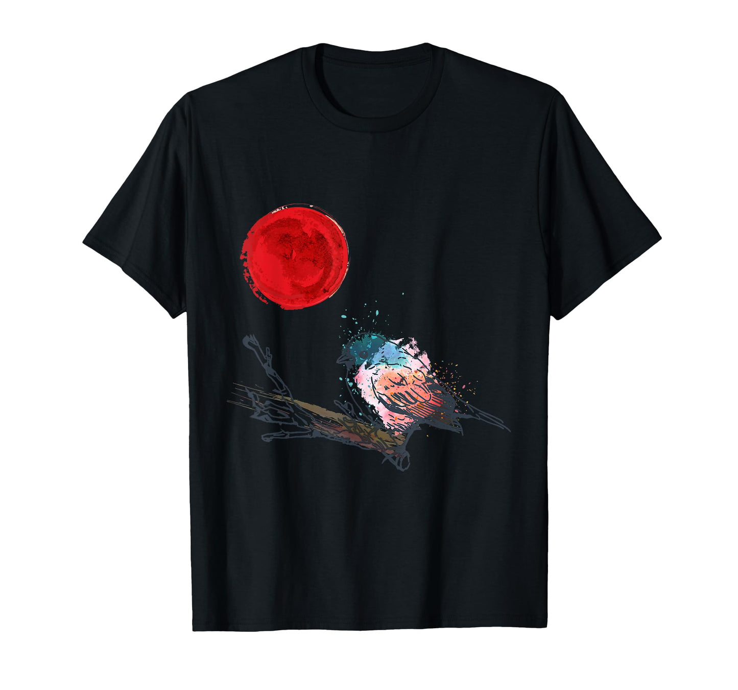 Murakami Birding Retro Colorful Bird Matching Red Moon Style T-Shirt