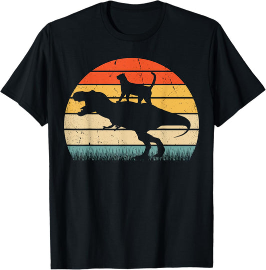 Cat Riding Dinosaur Vintage Retro Funny Graphic Animal Lover T-Shirt for Men Women Girls Kids