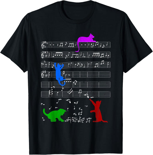 Cute Colored Cats Music Notes Musician Clef Piano T-Shirt